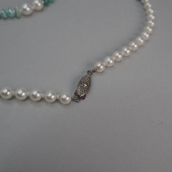 Vintage Turquoise & Faux Pearl Long Necklace - Picture 7 of 8